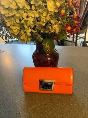 Brangio Italy Poppy Orange Patent Leather Clutch Wallet Handbag
